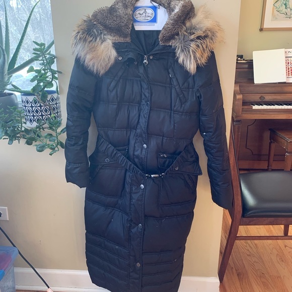 Laundry dark-brown belted down coat fur hood L flaw - Picture 1 of 15
